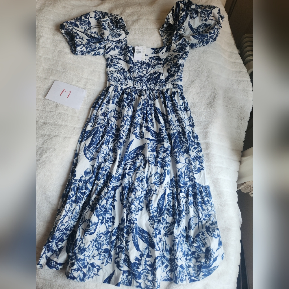 ABERCROMBIE Emerson Poplin Puff Sleeve Midi Dress Whitefloral/blue. NO L… - Picture 7 of 15
